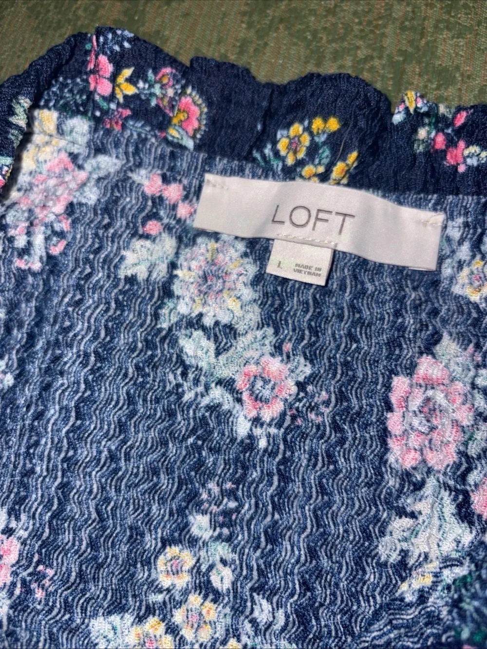 LOFT Navy Floral Smocked Top with Puff Sleeves